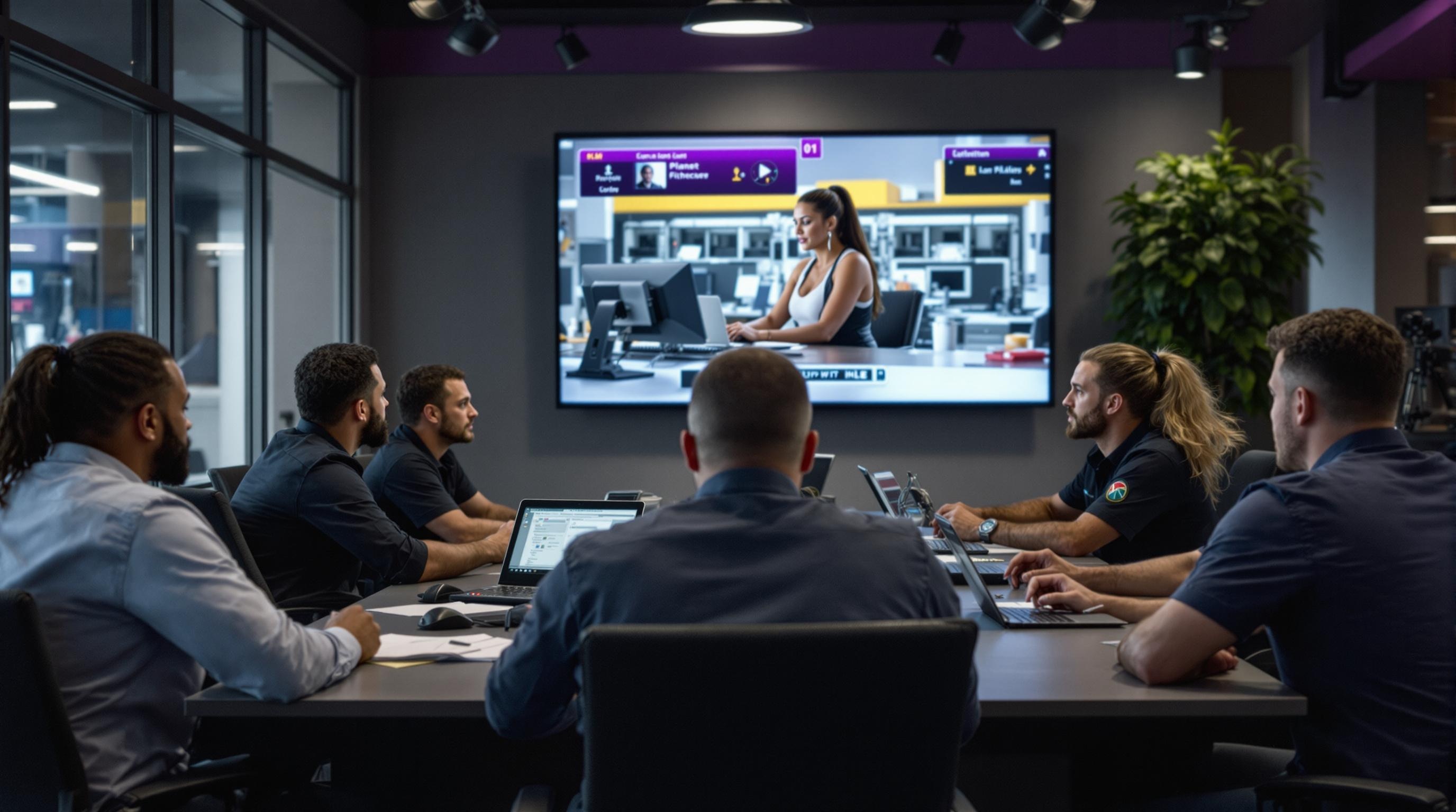 Planet Fitness general manager leading a staff meeting. The manager is sitting at a conference table with other employees, discussing gym operations.