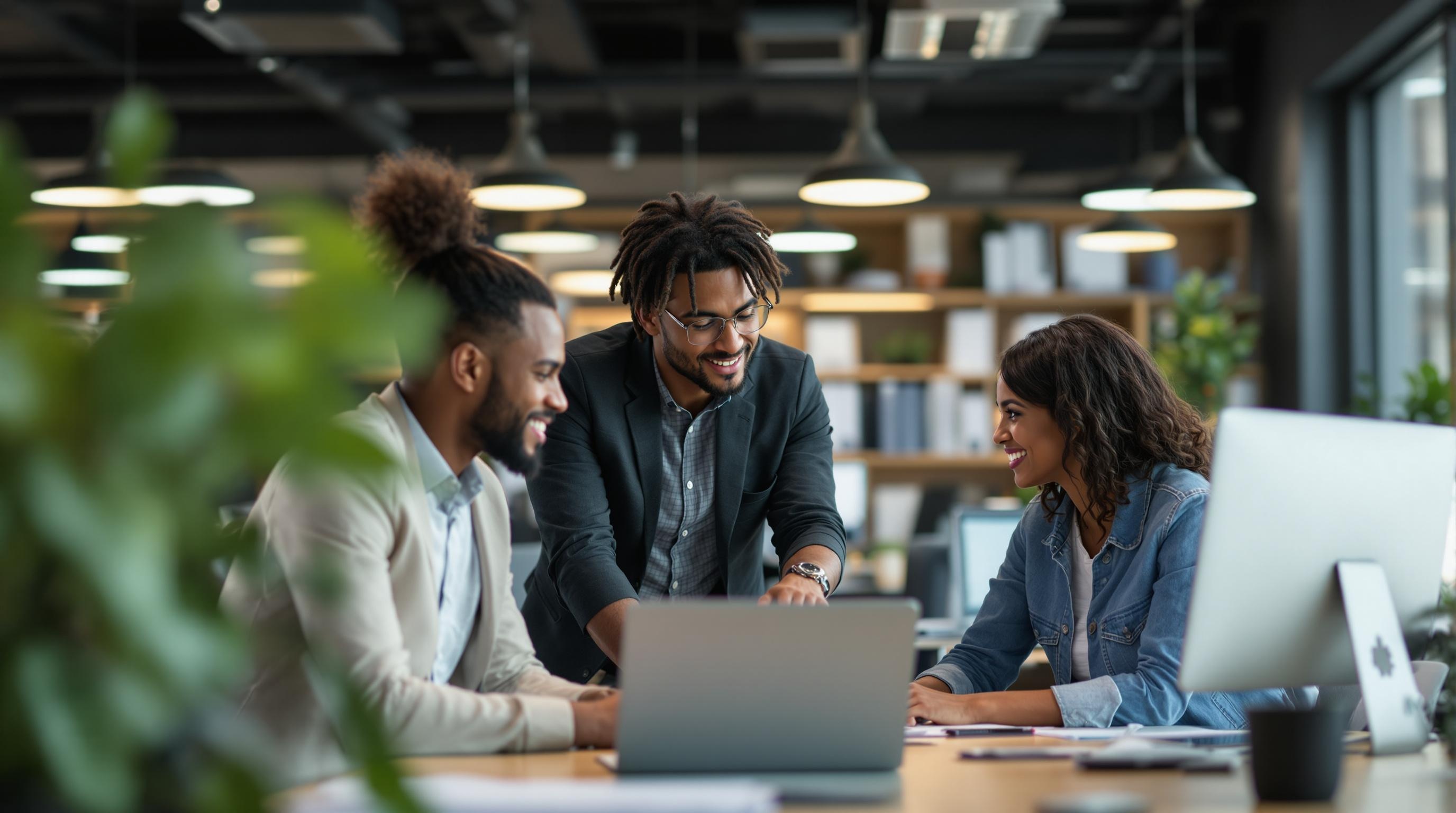 A candid photo of a product development director discussing a project with a diverse team in a modern office setting.