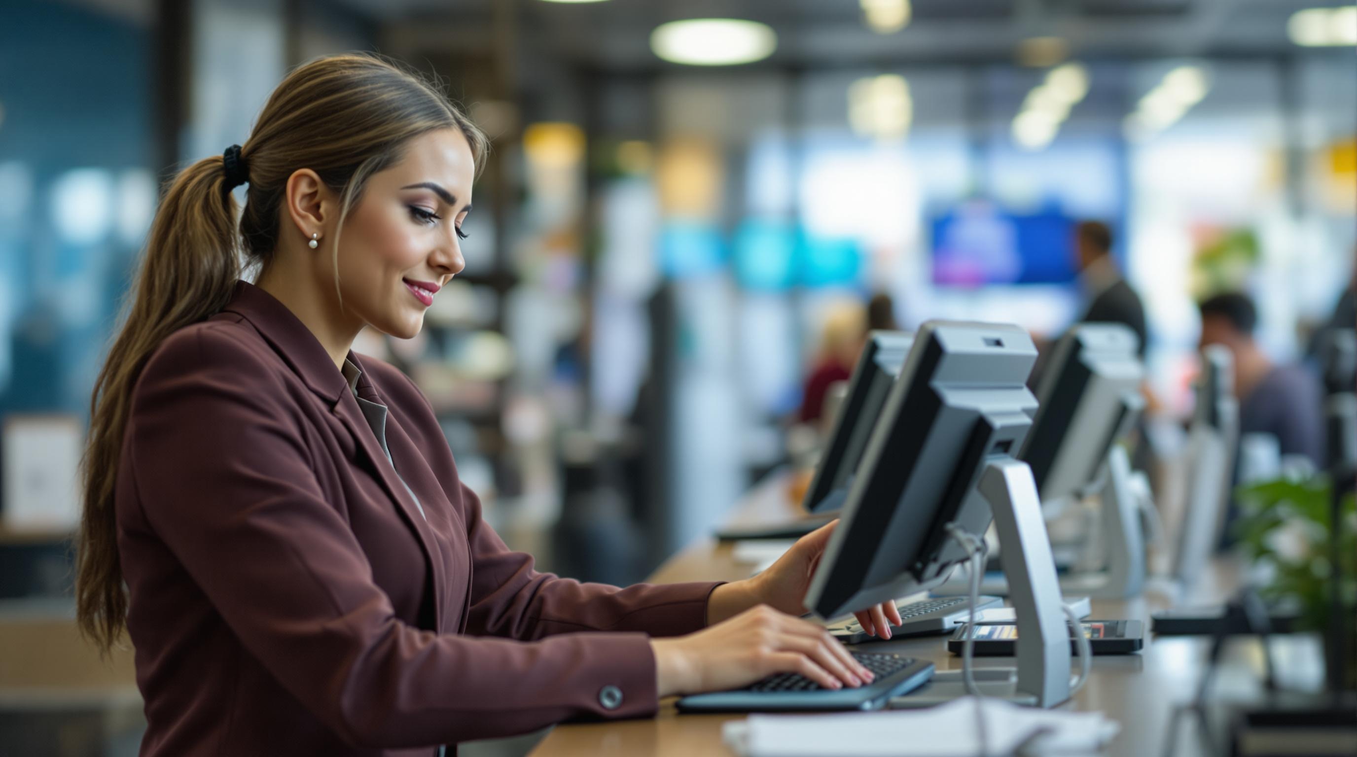 A bank teller wearing a suit helping customers with transactions at the counter.