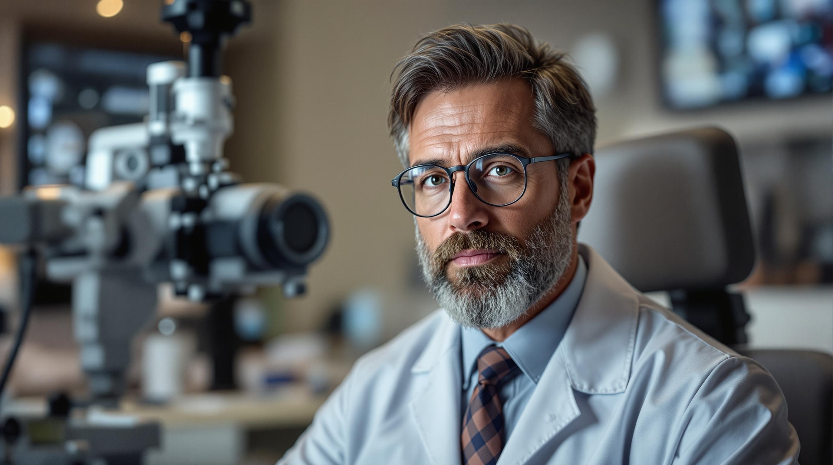 A realistic photo of an optometrist conducting an eye examination in a well-lit office setting.