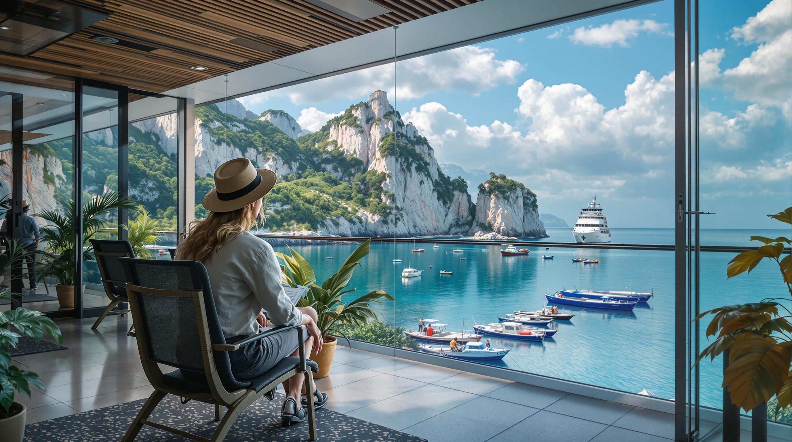 An ultra realistic photo of a travel agent sitting at a desk with a computer and assisting a customer with vacation planning.