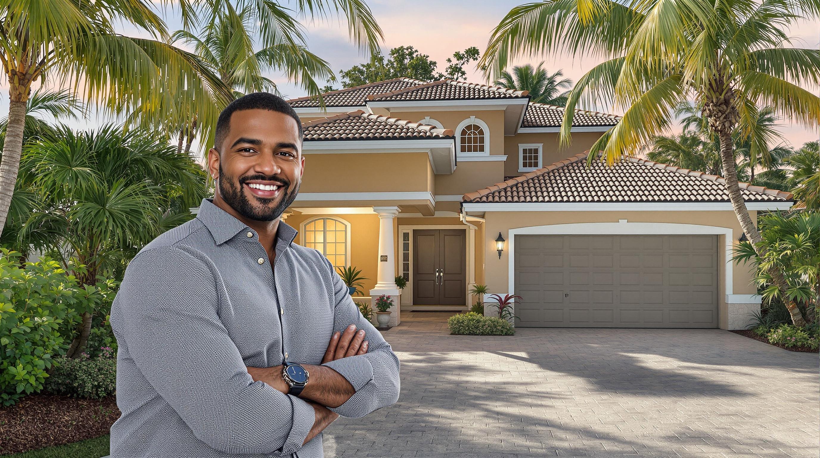 a real estate agent standing in front of a house in Florida, with palm trees in the background.