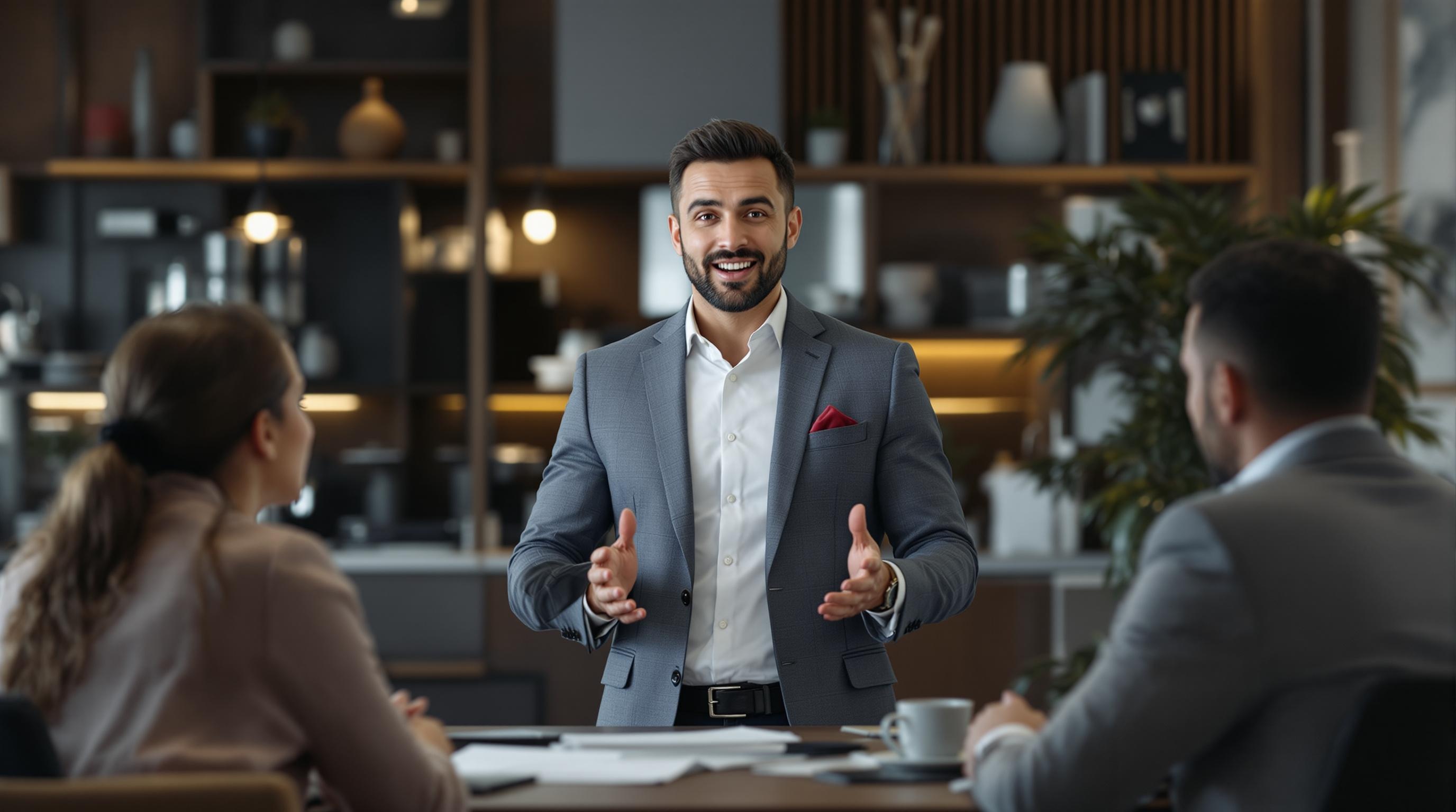 Real Estate Broker Presenting to Buyers and Sellers Real estate broker having a discussion with buyers and sellers in a room filled with property listings and paperwork.