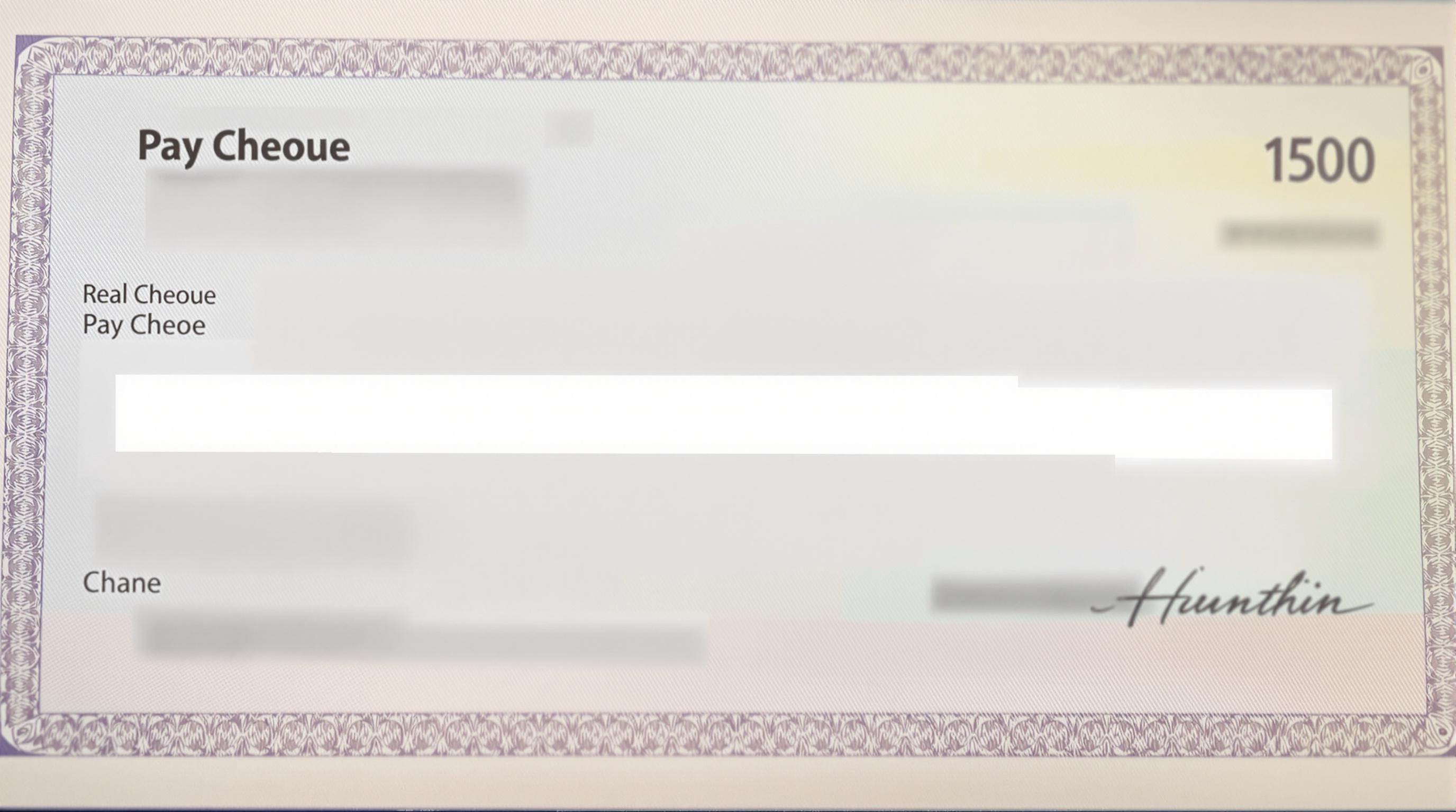 Image of a realistic pay cheque with blurred out details.