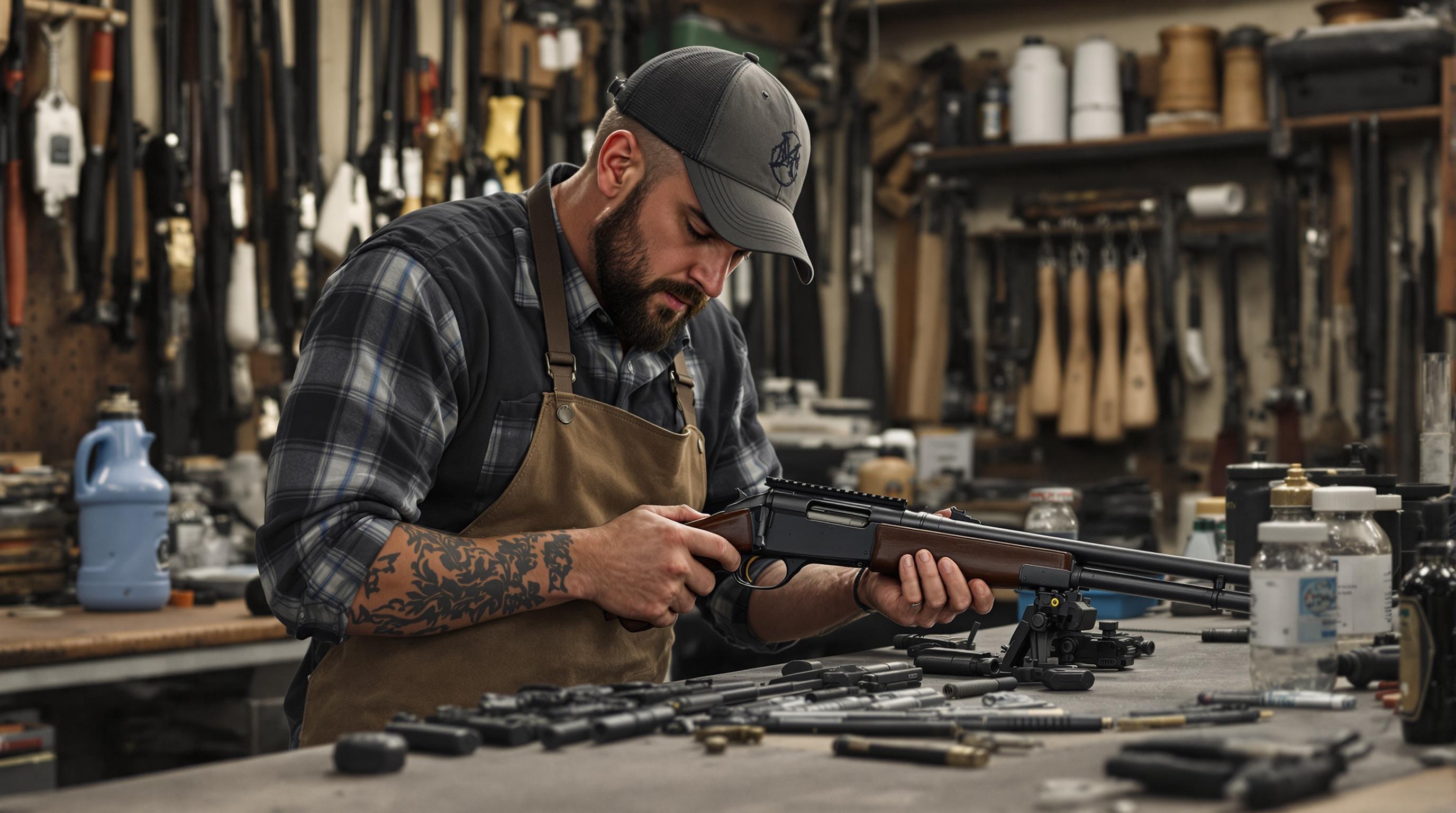 A skilled gunsmith meticulously working on a firearm in a well-equipped workshop.