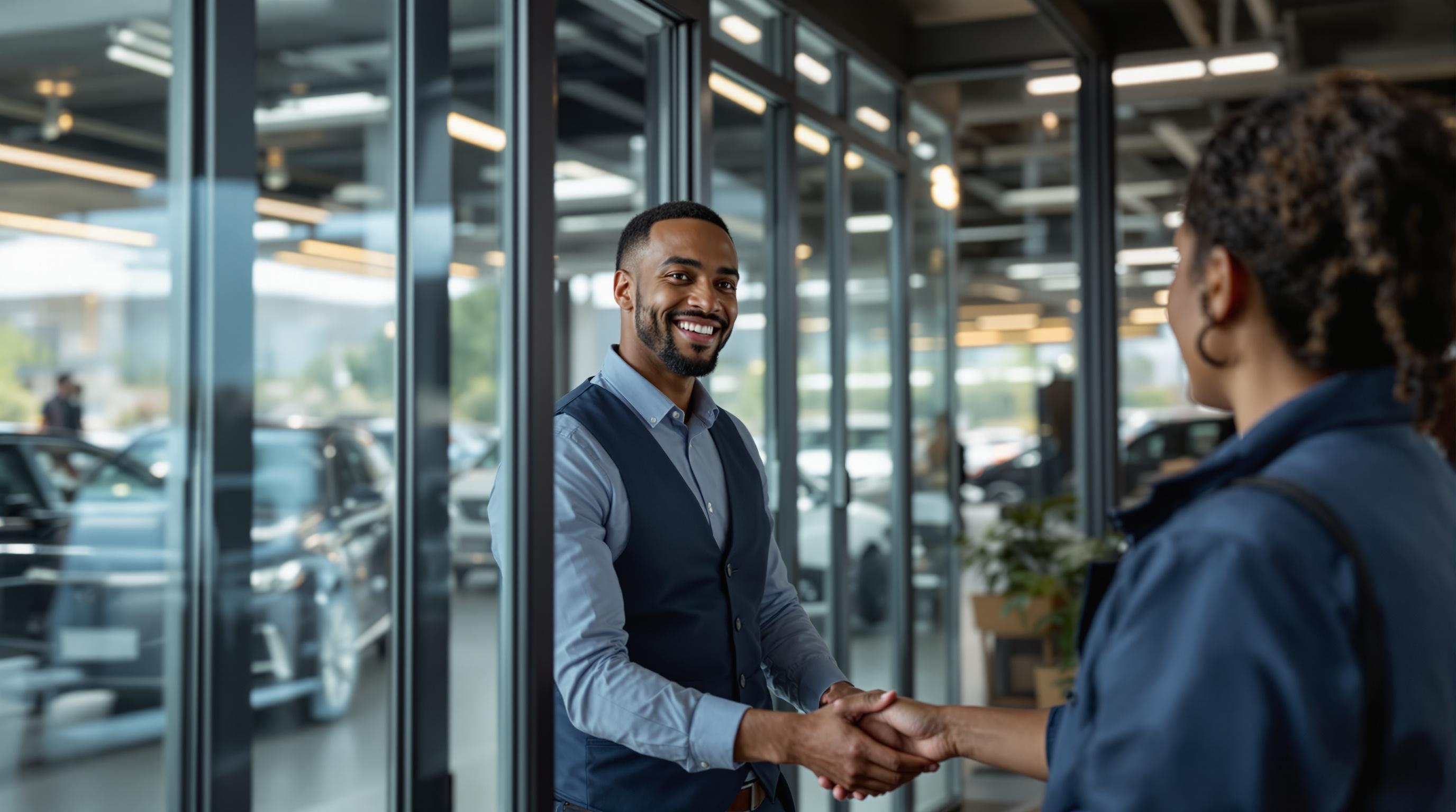 A diverse sales trainee warmly welcoming a customer at the dealership entrance