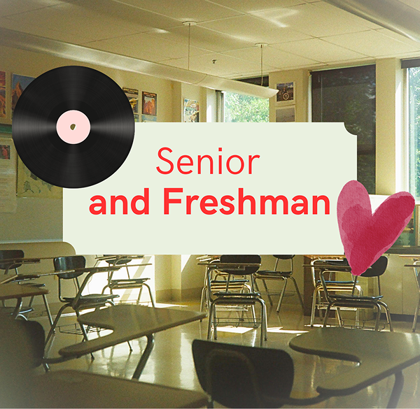 Song cover featuring an empty high school classroom with rows of desks and sunlight streaming through large windows. A vinyl record graphic appears on the left, and a pink heart illustration sits on the right beside the title Senior and Freshman in bold red text. The classroom setting and romantic accents suggest a coming of age love story set in school.
