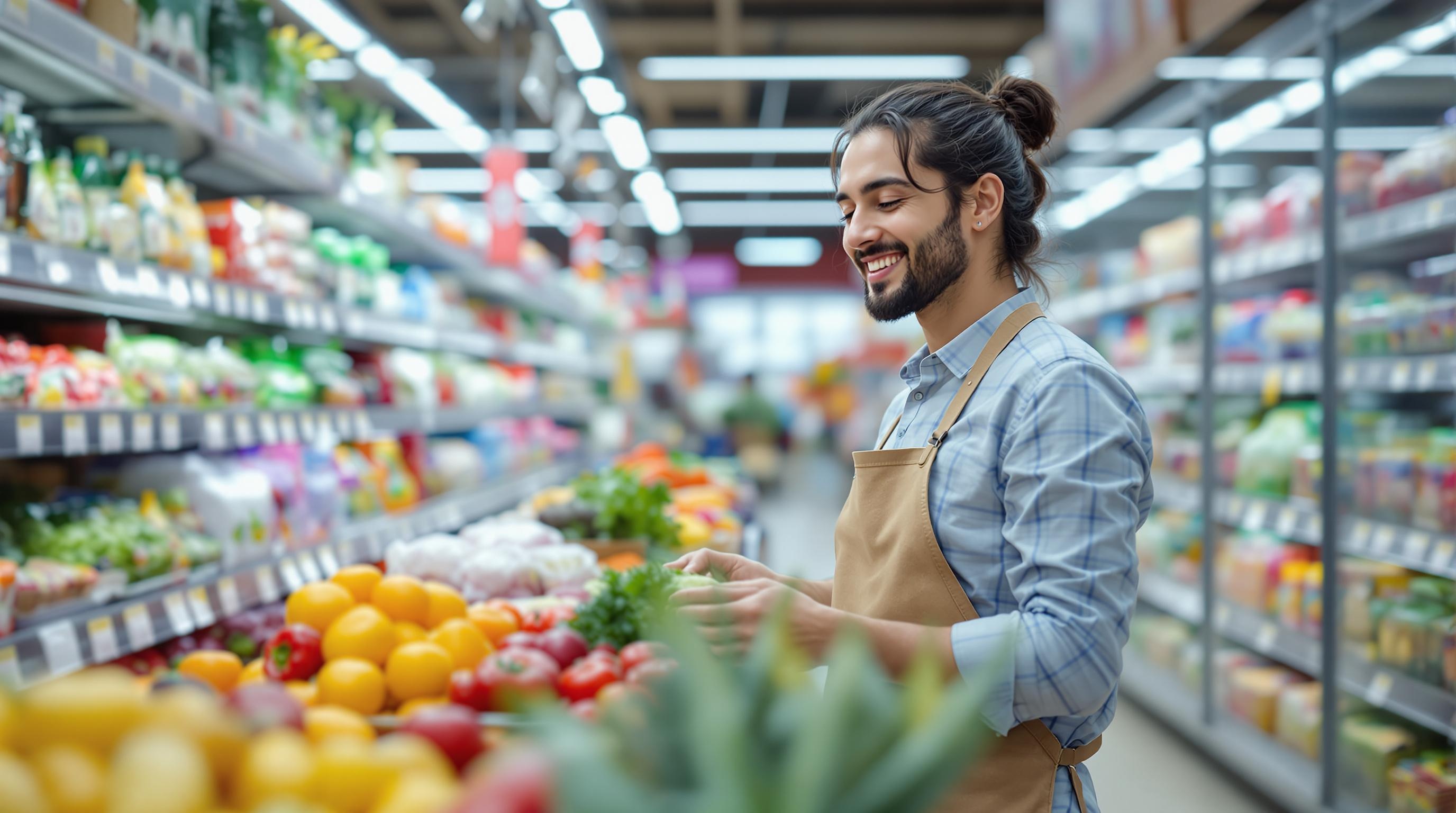 A shopper navigating through aisles in a grocery store, selecting items from the shelves.