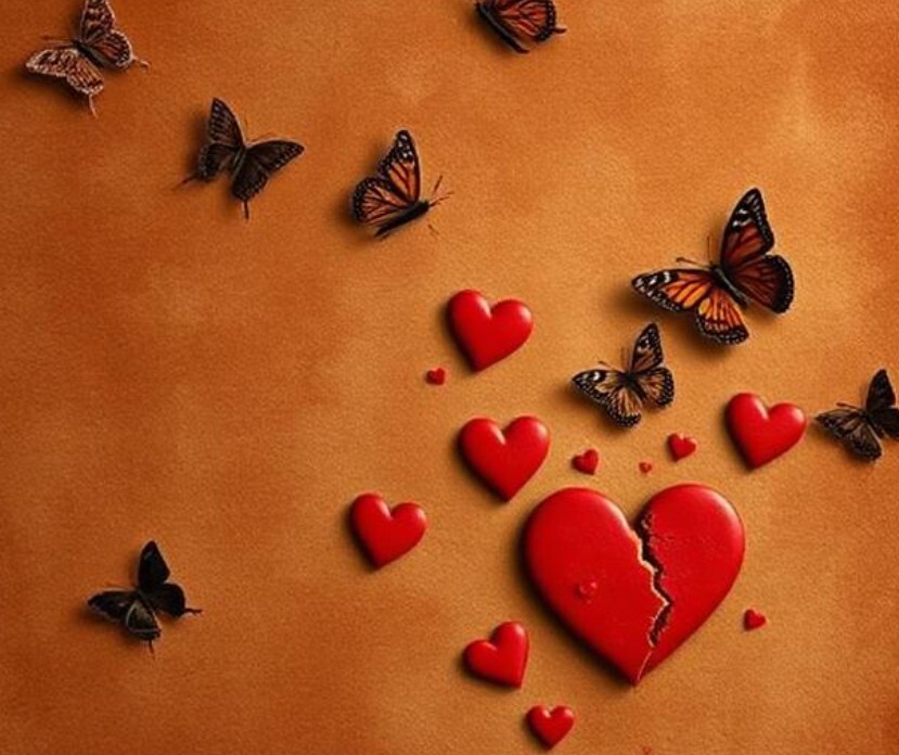 Warm toned background with butterflies surrounding small red hearts and a larger cracked heart at the center, symbolizing heartbreak and emotional growth in a student songwriting journey tied to career discovery.