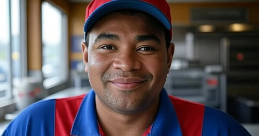 A fast food worker in a blue and red uniform