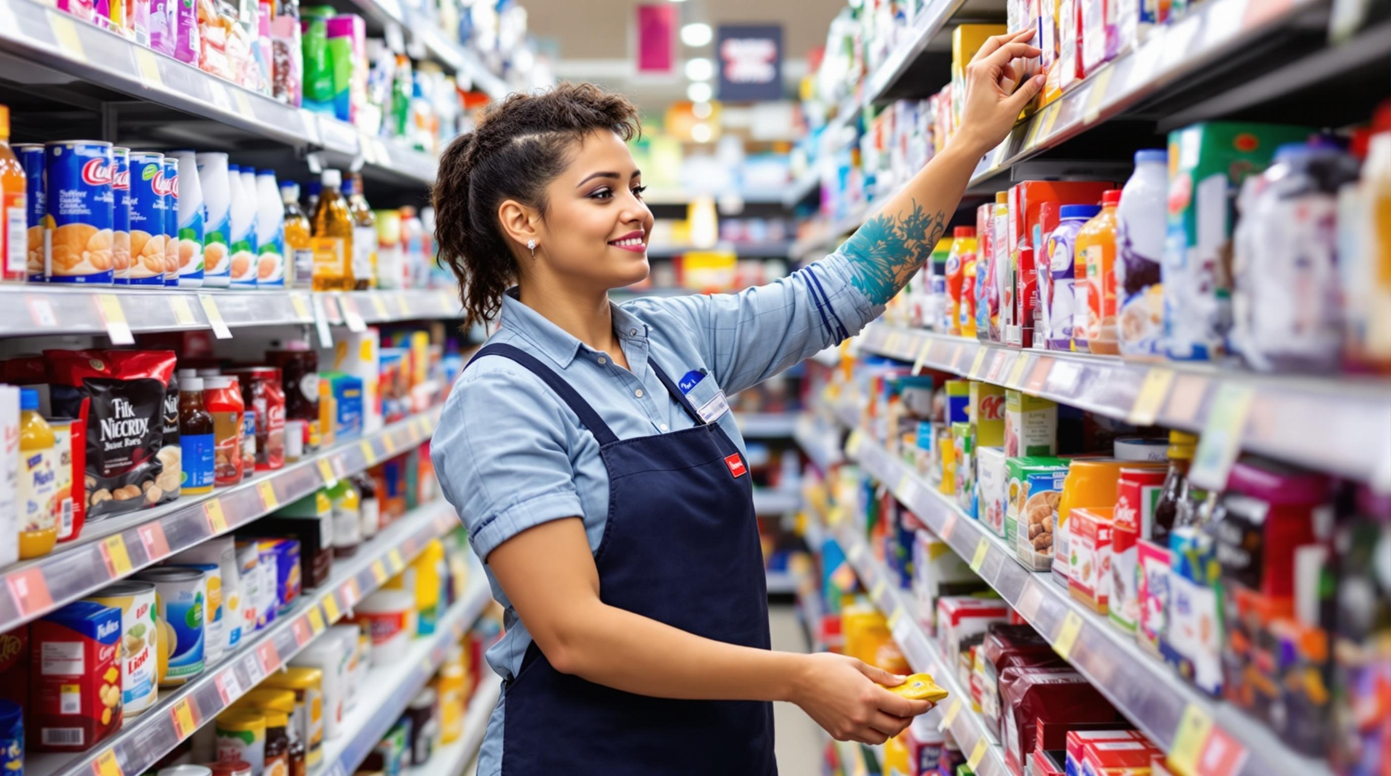 A store clerk organizing and placing grocery items on shelves in a store.