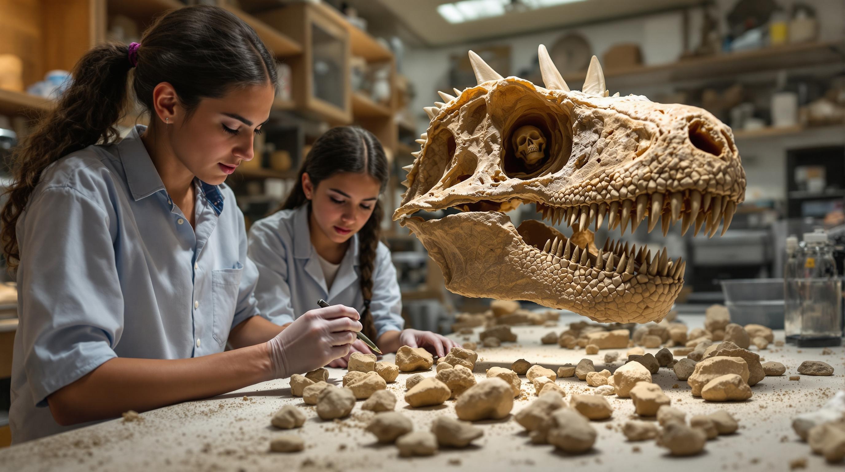 A group of students carefully examining fossil specimens under the museum lab's bright lights.