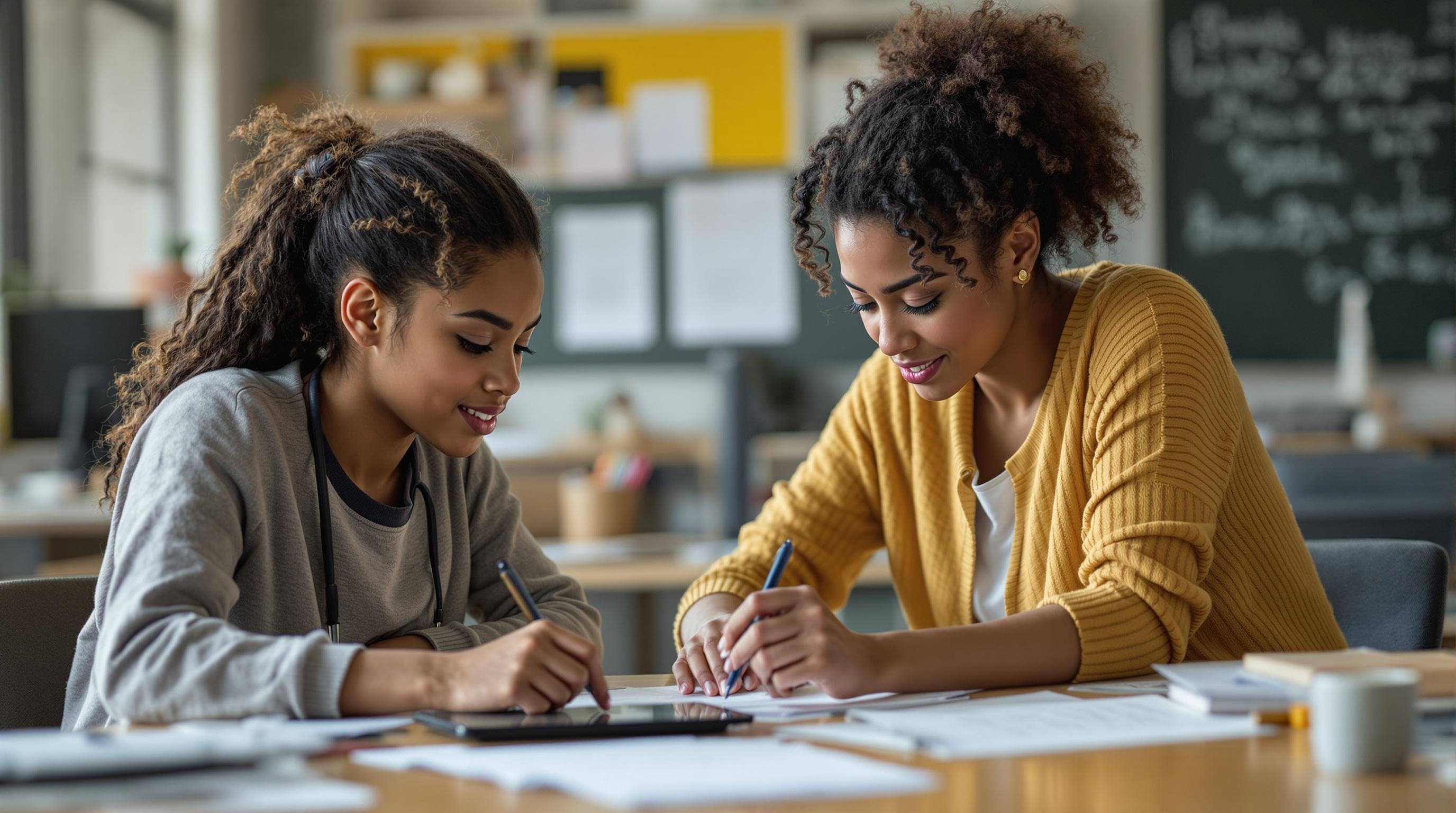 A substitute teacher assisting a student with classwork at a desk in a classroom setting.