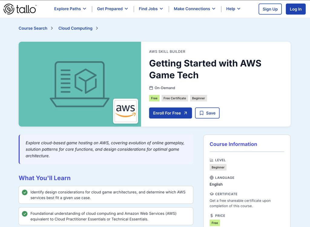 AWS Game Dev Course for beginners - Tallo Courses