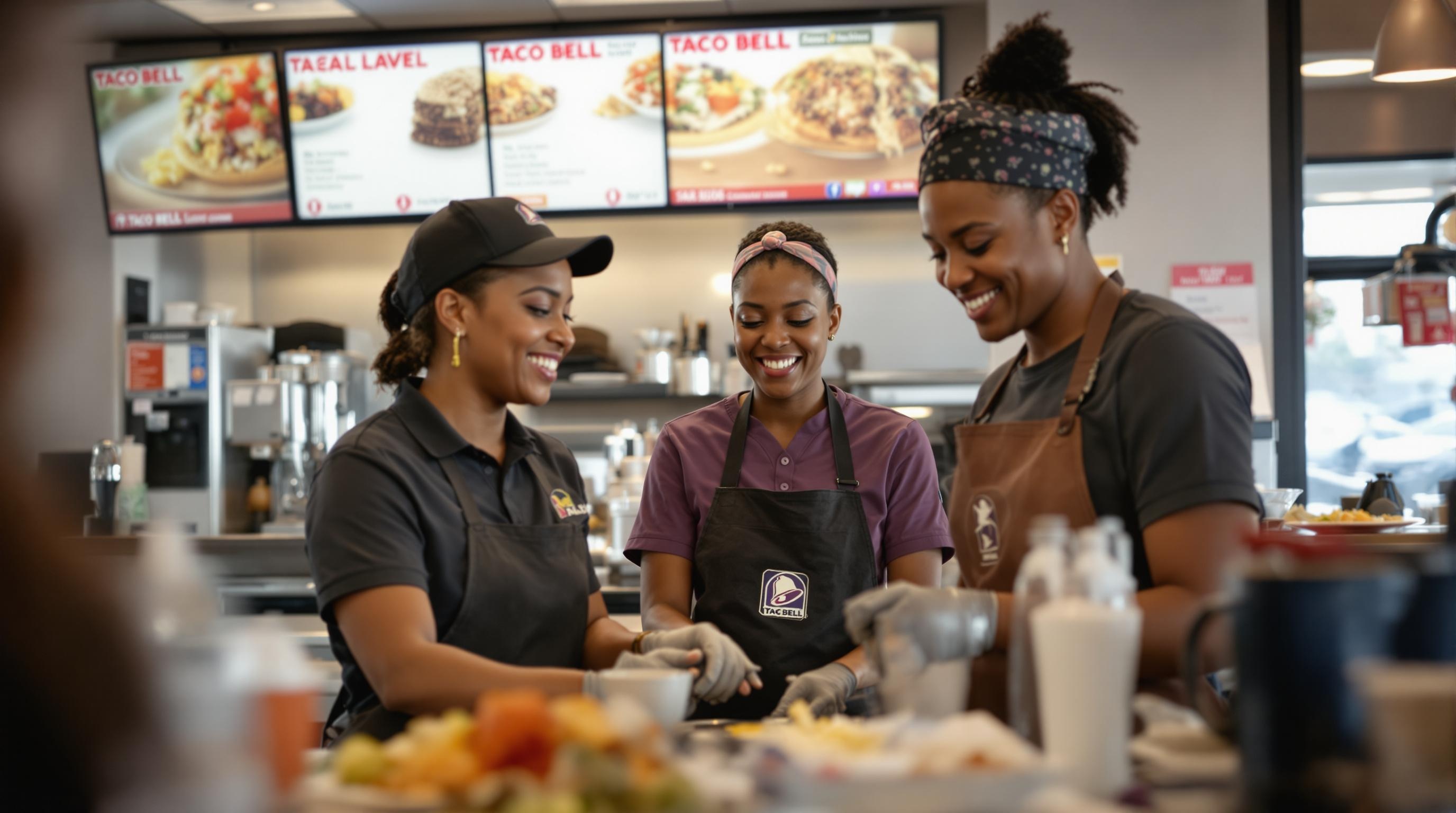 Team Members Serving Guests at Taco Bell individuals serving guests at Taco Bell, showcasing friendly and trustworthy interactions.