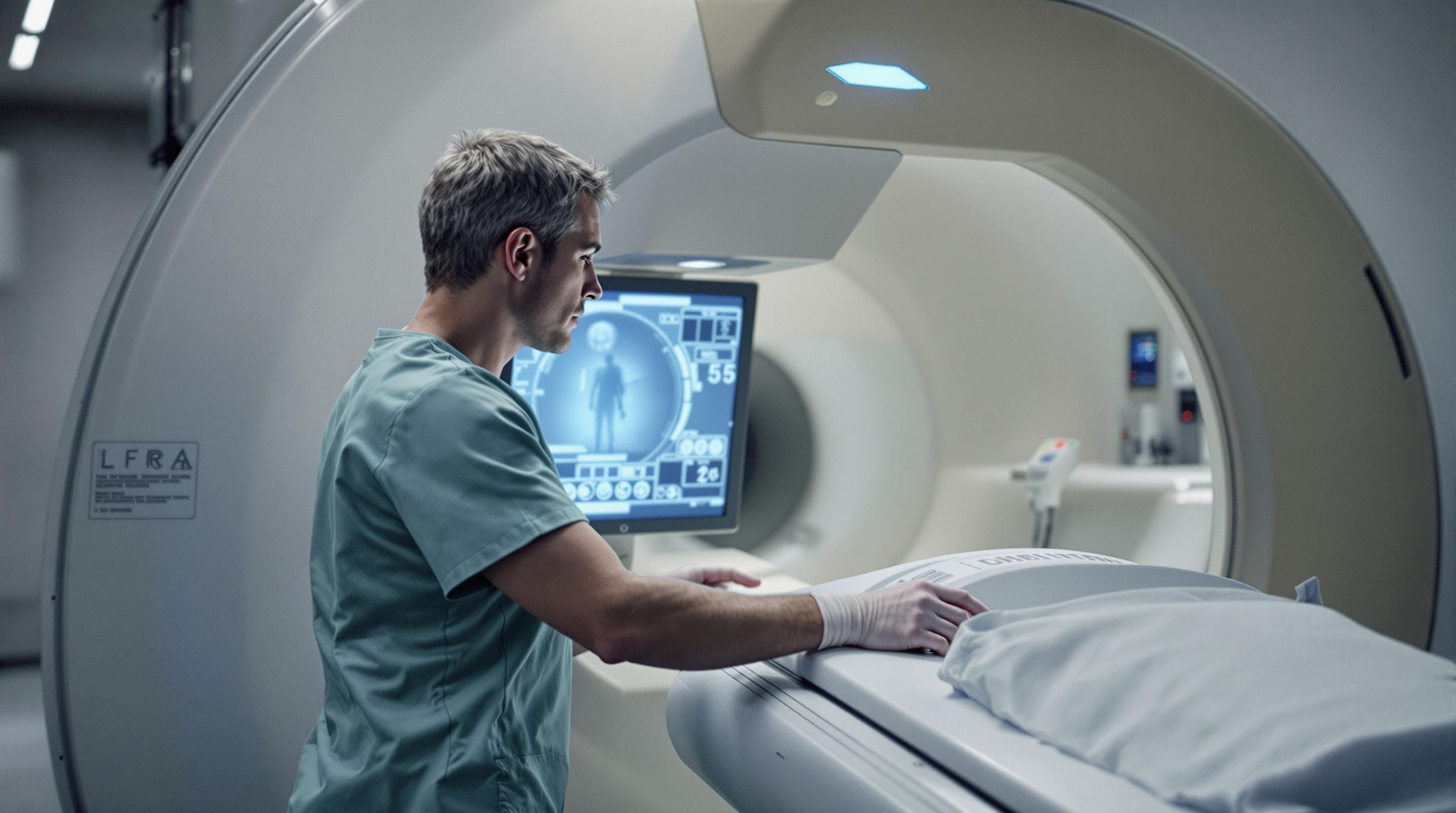 Therapist operating a linear accelerator machine in a medical facility.