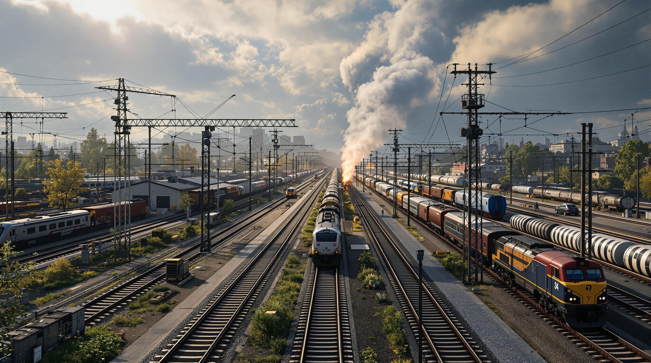 An ultra realistic photo of a train yard at dusk, with trains lined up on the tracks and industrial buildings in the background.