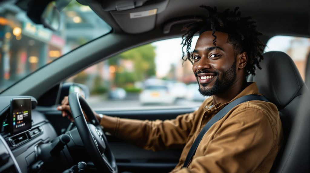 An ultra realistic photo of an Uber Eats driver sitting in his car, preparing to deliver food.
