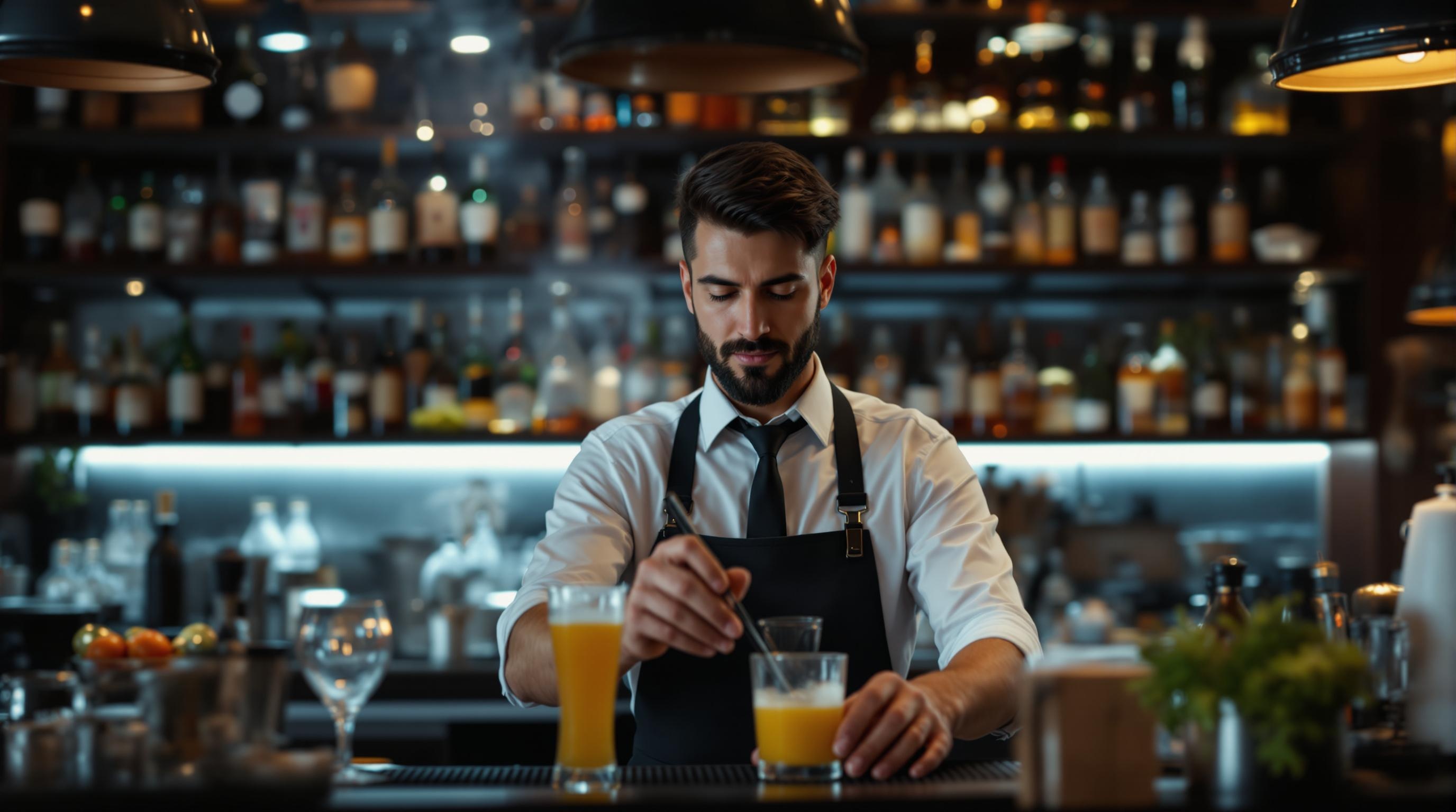 a bartender in action, pouring drinks behind the bar.