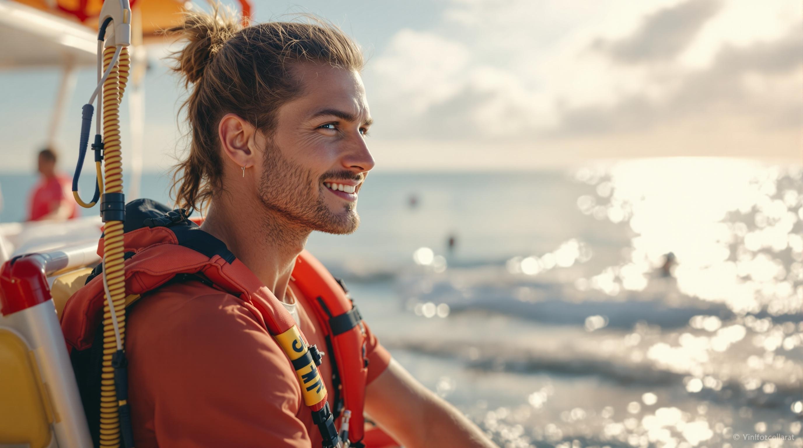 a lifeguard standing on the beach, watching over the swimmers and keeping them safe.