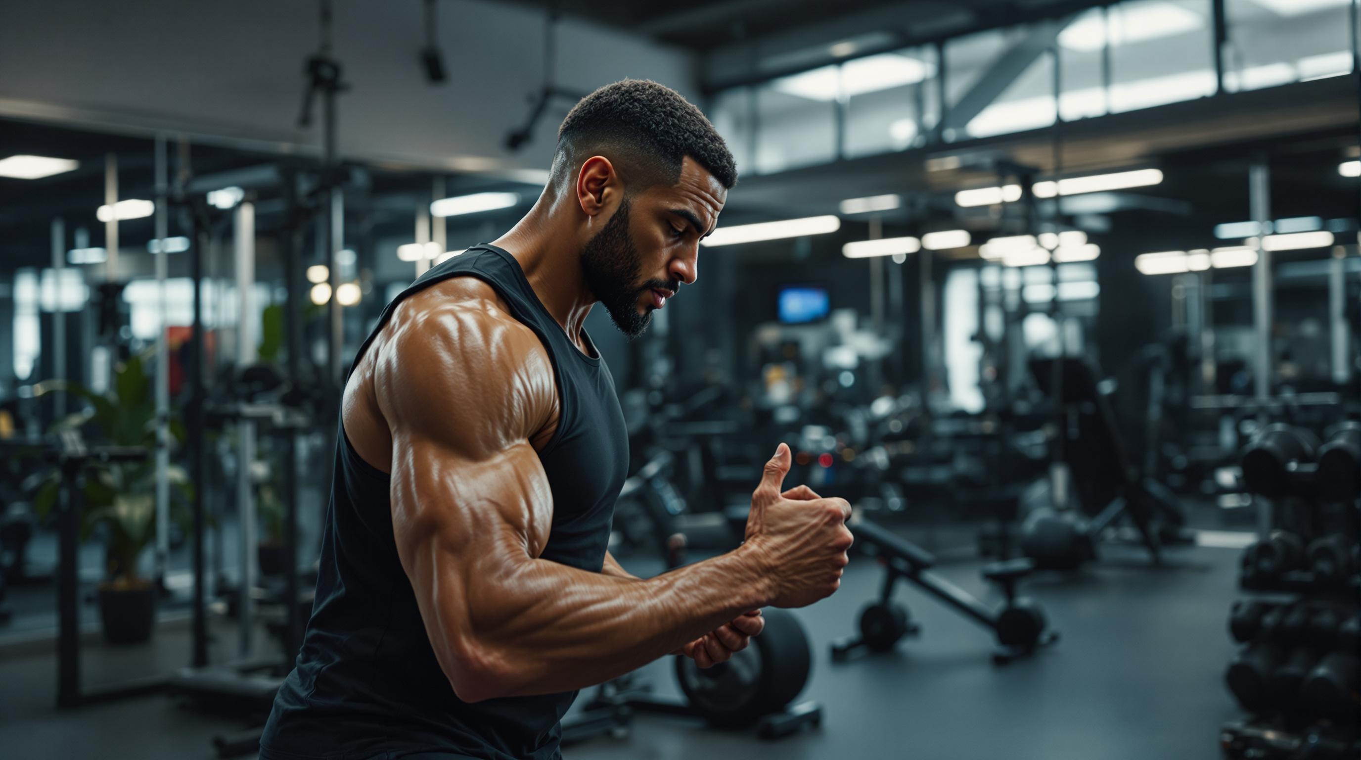 a personal trainer working with a client in a gym setting.