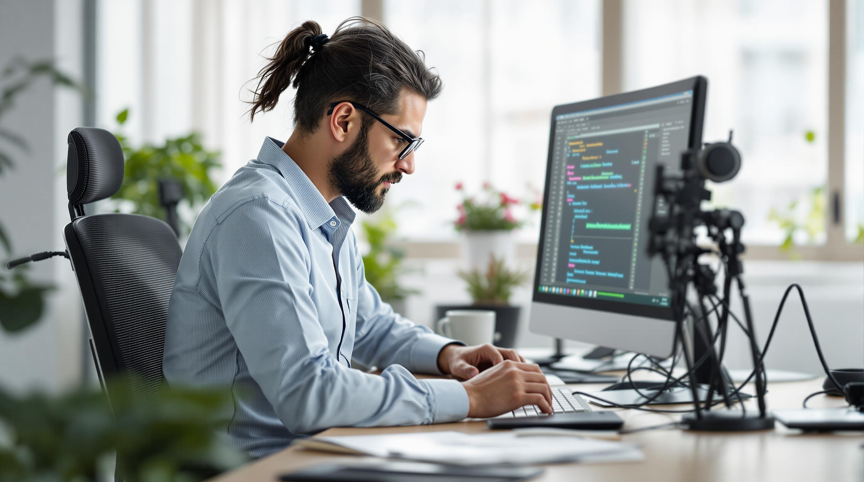 A close-up image of a transcriptionist working diligently at their desk, typing on a keyboard with focus and concentration.