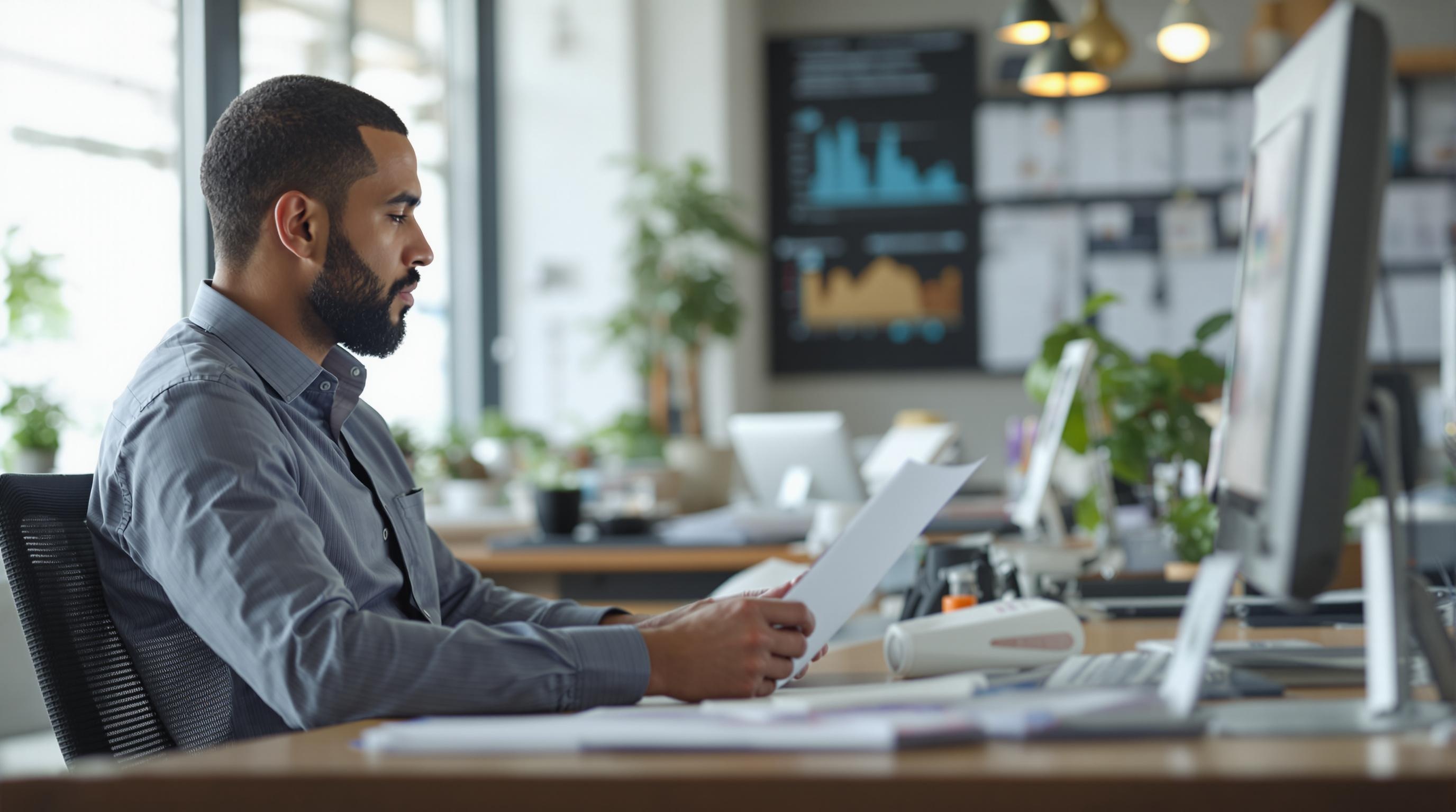 photo of a payroll manager sitting at a desk with a computer and paperwork.