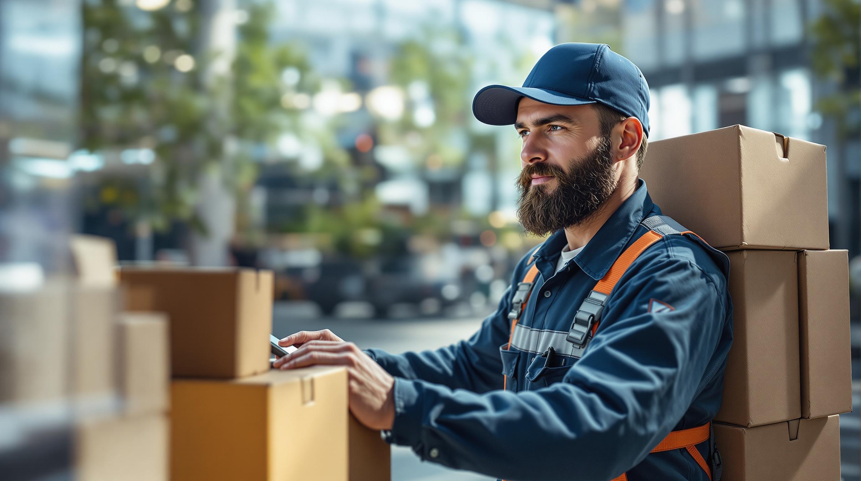 a van delivery driver standing next to a delivery van, wearing a uniform and holding a clipboard.