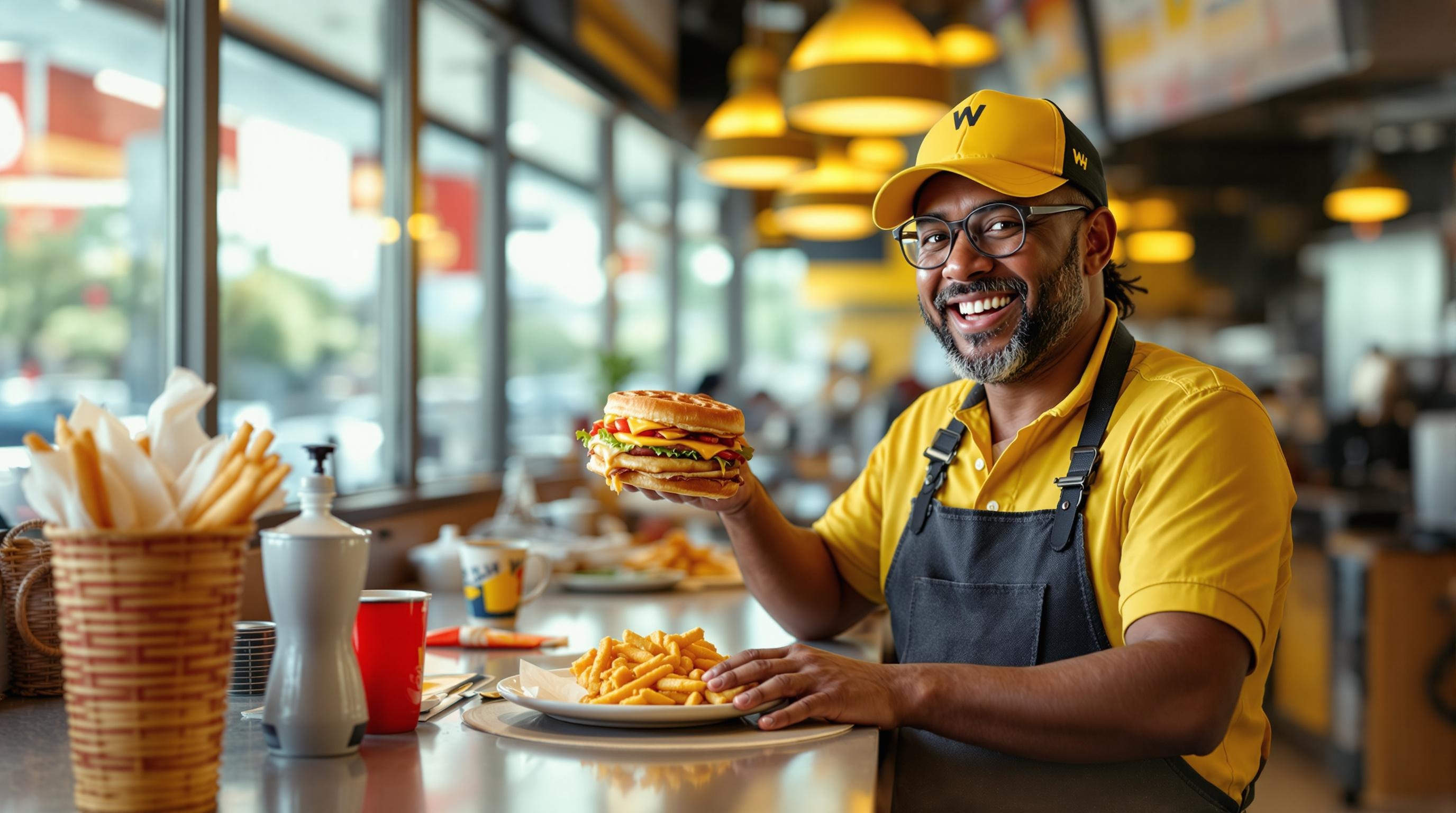 A lifelike image of a Waffle House employee in uniform, standing behind the counter ready to take orders.