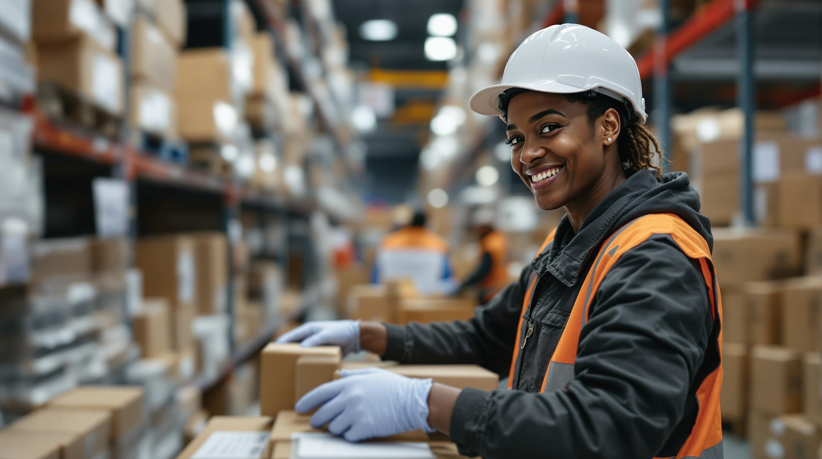 Warehouse Package Handler at Work A candid shot of a diverse group of warehouse package handlers working together in a warehouse setting.