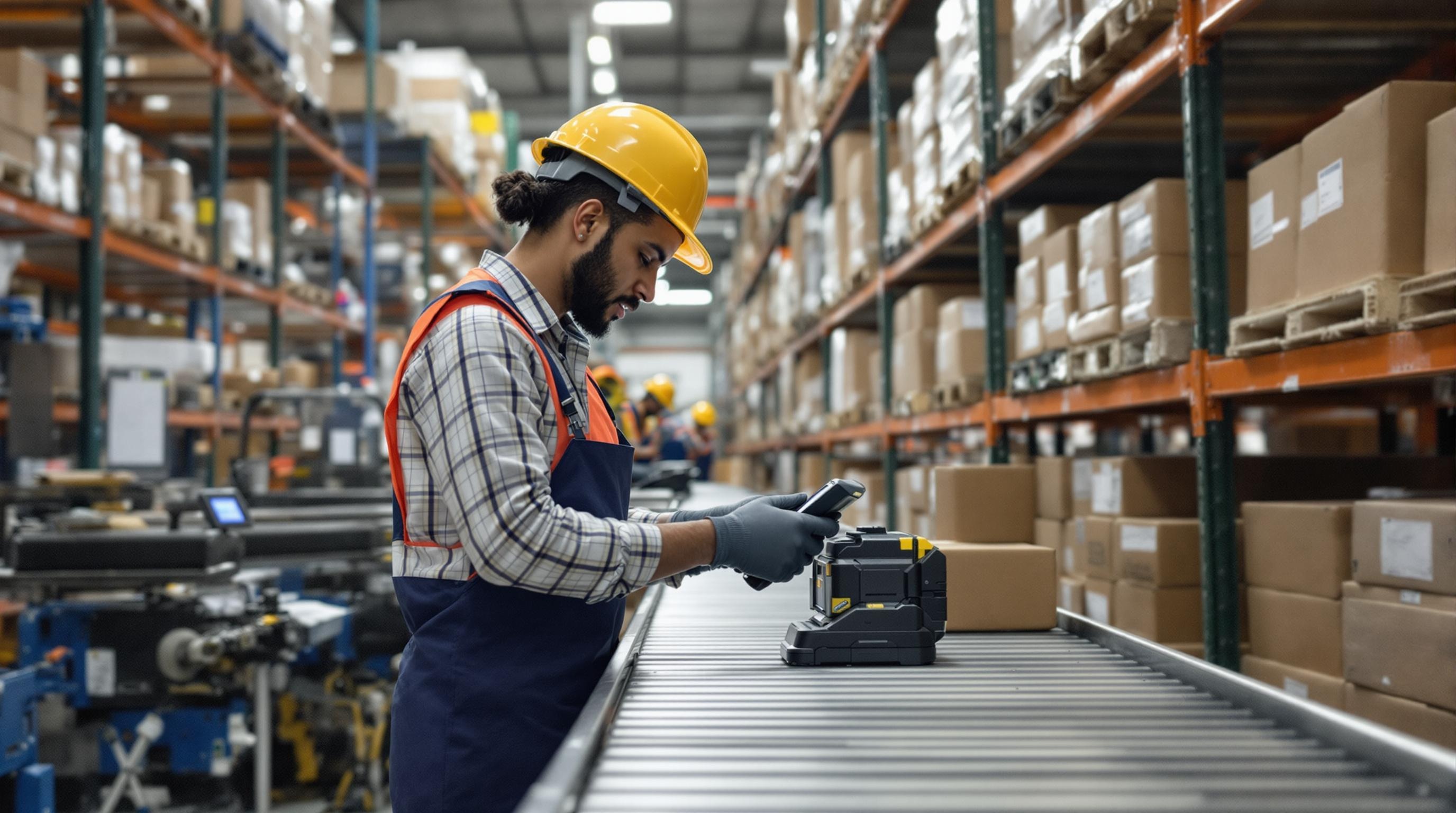 A warehouse associate scanning inventory items next to a conveyor belt