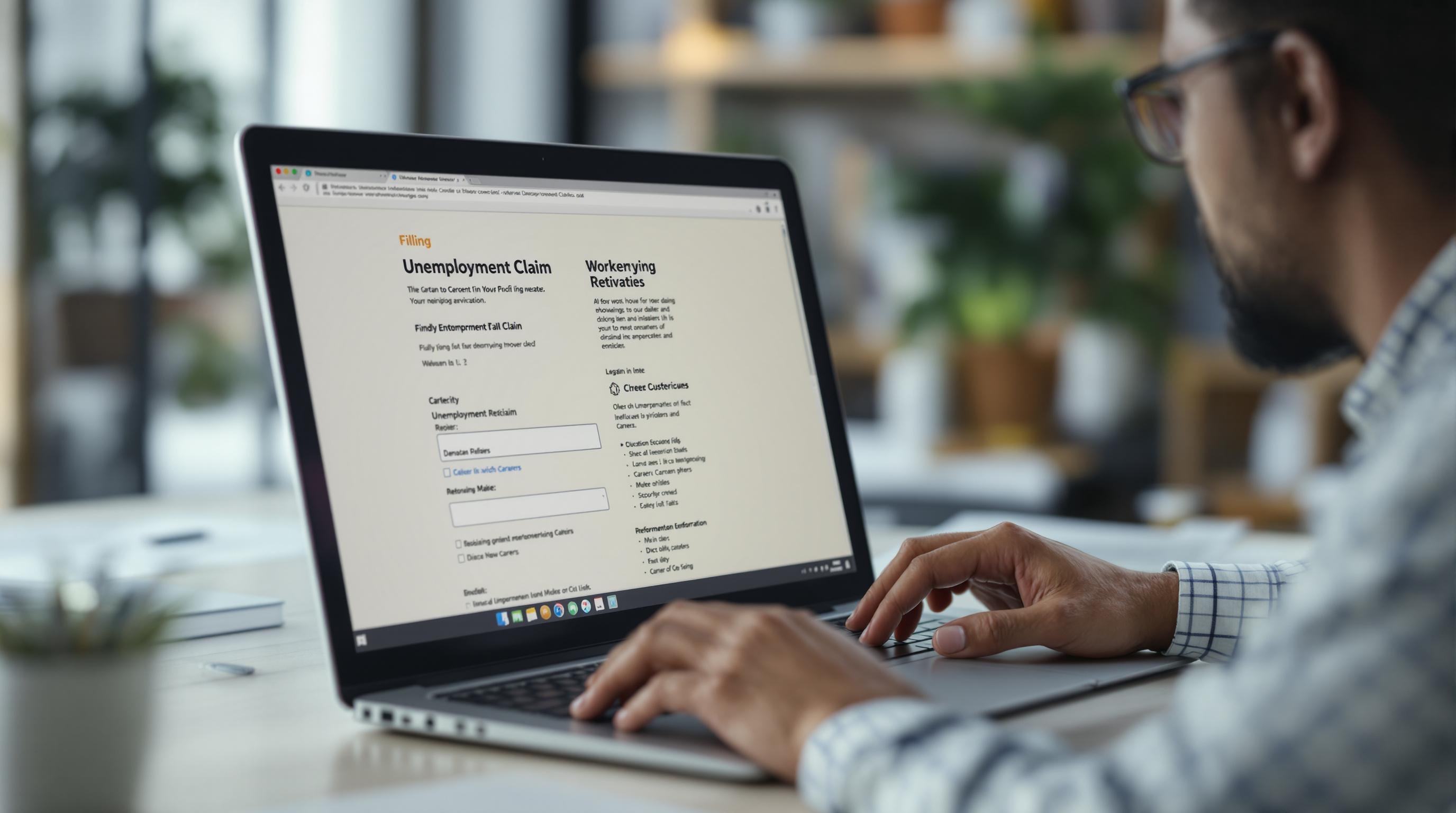 A diverse individual sitting at a desk, focused on a computer screen while filling out an unemployment claim online.