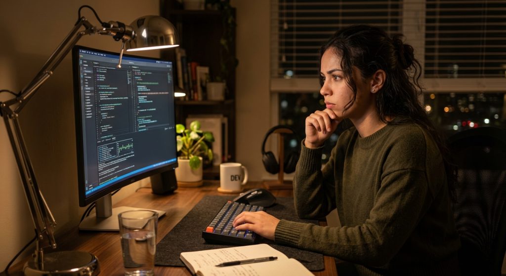 Young woman at work at night